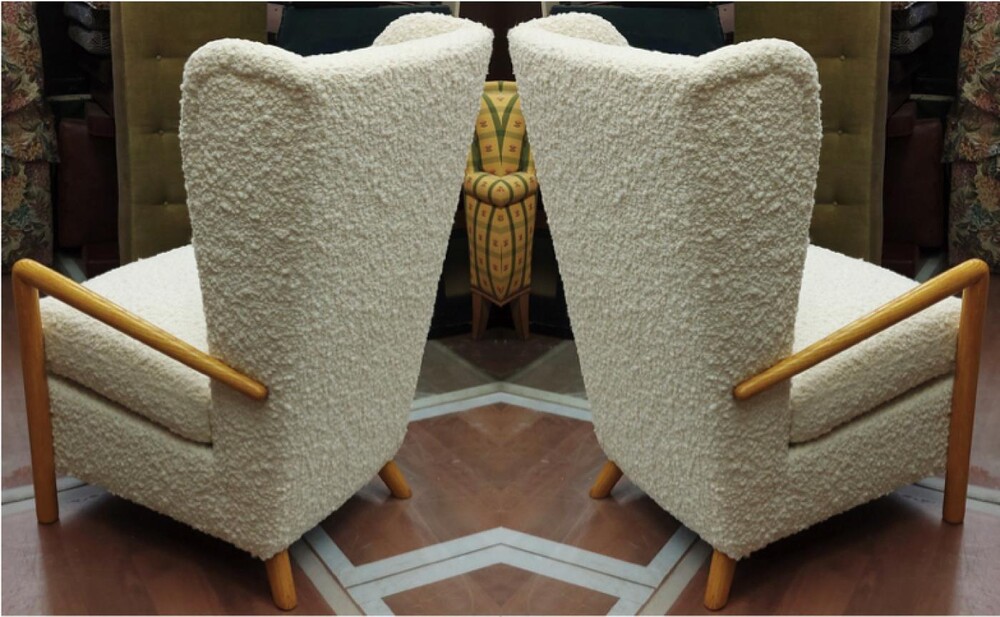 Jean Royere documented genuine pair of chairs in boucle cloth