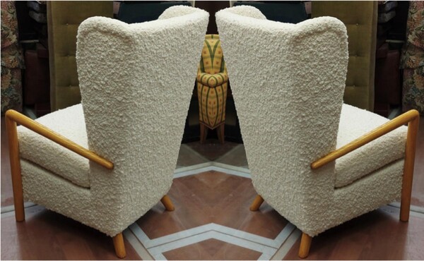 Jean Royere documented genuine pair of chairs in boucle cloth