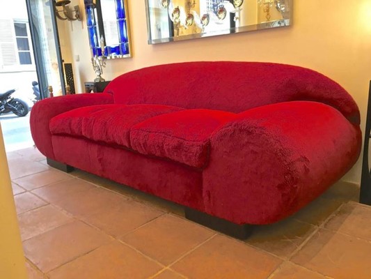 Jean Royère ERare Documented Red Couch Covered in Wool Faux Fur