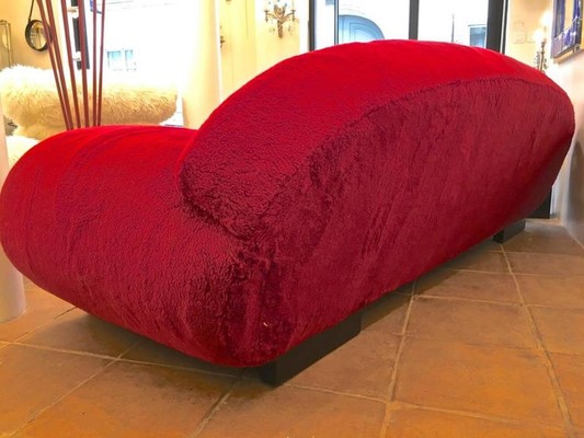 Jean Royère ERare Documented Red Couch Covered in Wool Faux Fur