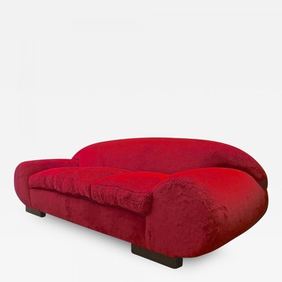 Jean Royère ERare Documented Red Couch Covered in Wool Faux Fur