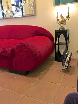 Jean Royère ERare Documented Red Couch Covered in Wool Faux Fur