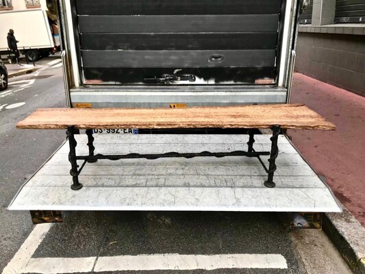 Jean Touret style brutalist wood and wrought iron long bench