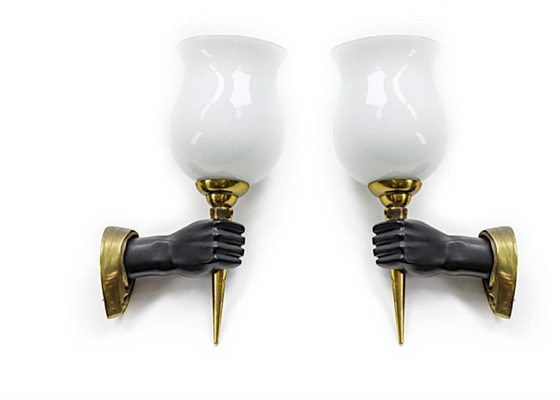 John Devoluy gold & blackened bronze pair of hand shaped sconces