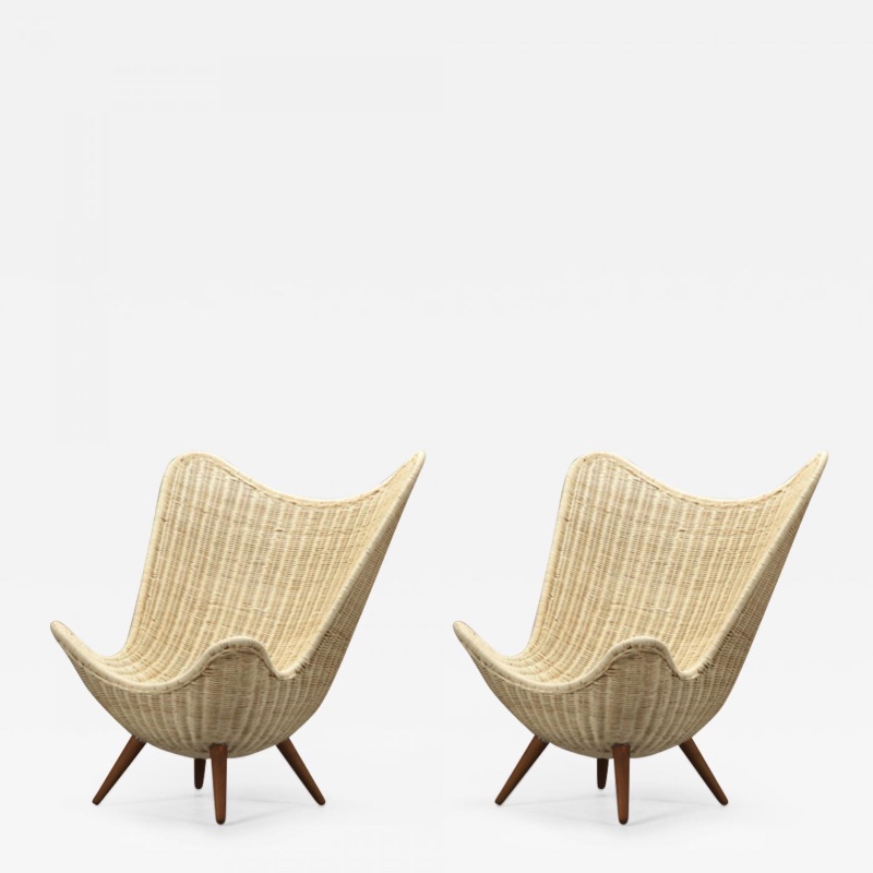 Knud Vinther organic pair of lounge chairs in rattan and tapered