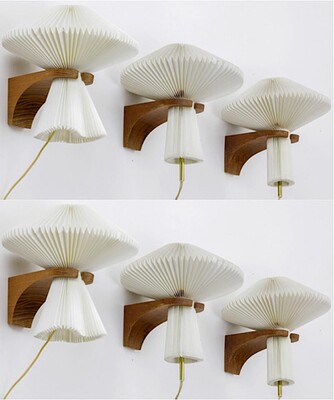 Le Klint exceptional set of 6 oak sconces with pleated shade