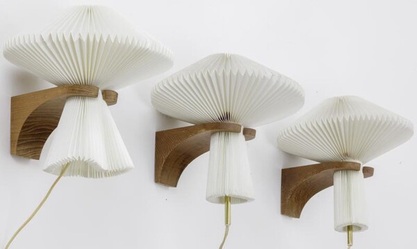 Le Klint exceptional set of 6 oak sconces with pleated shade
