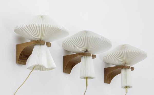 Le Klint exceptional set of 6 oak sconces with pleated shade
