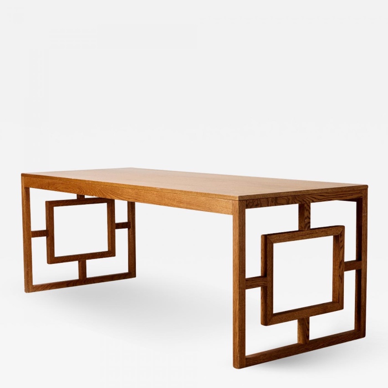 Long Oak Desk Table with Side Geometrical Design