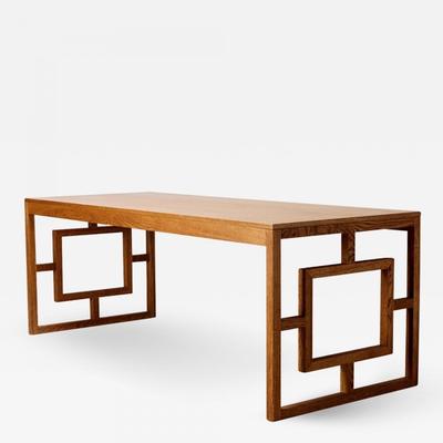 Long Oak Desk Table with Side Geometrical Design