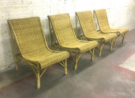 Louis Sognot Superb set of Rattan Slipper Chairs 