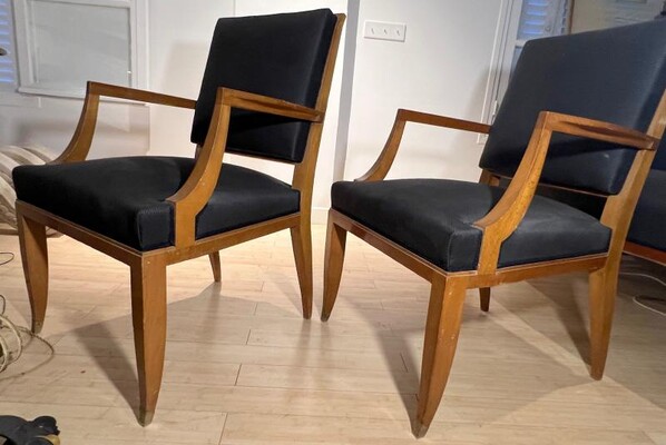 Lucien Rollin chicest refined pair of solid mahogany arm chairs