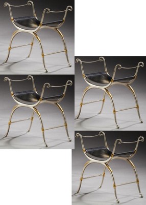 Maison Bagues exceptional set of 4 silver, gold leather stools