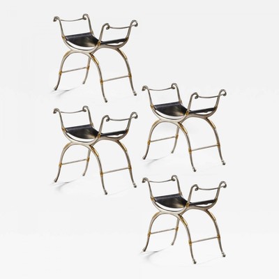 Maison Bagues exceptional set of 4 silver, gold leather stools