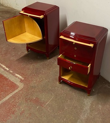 Maison Carlhian stamped pair of red nuage lacquered bedside