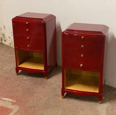 Maison Carlhian stamped pair of red nuage lacquered bedside