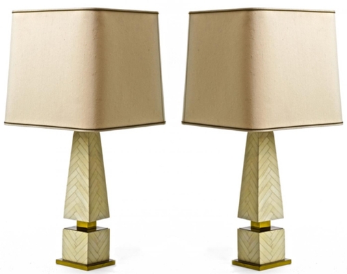 Maison Jansen chicest obelisk shaped faux ivory marquetery pair o