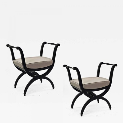 Maison Jansen harp shaped pair of black lacquered stools