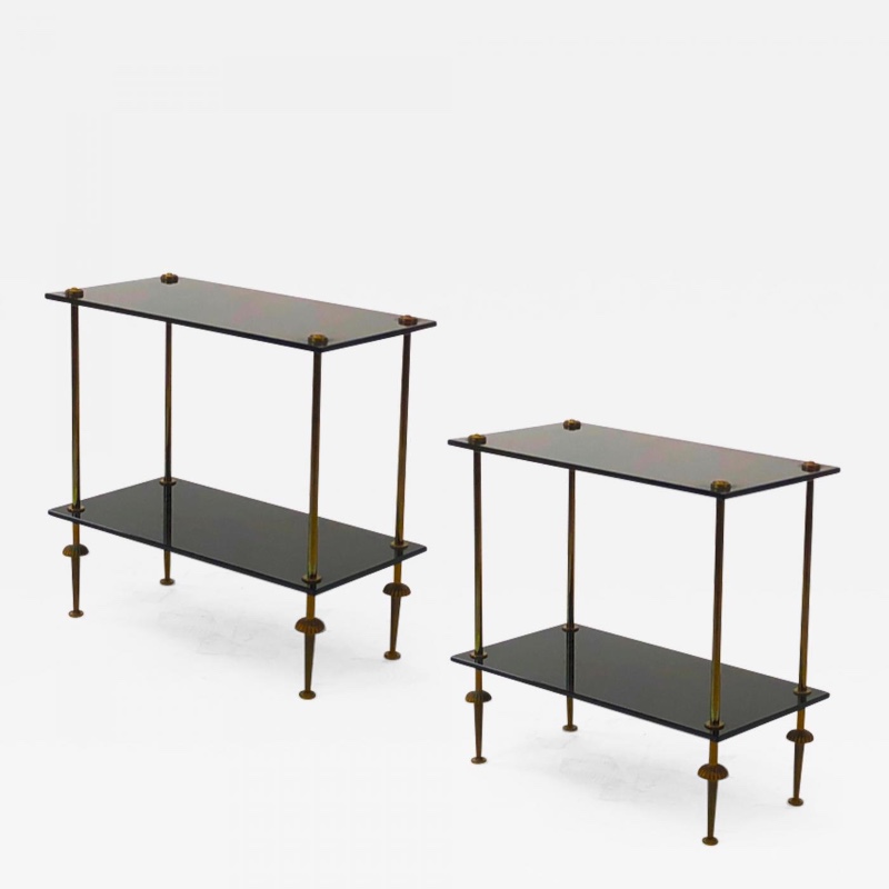 Maison Jansen pair of 2 tier side table black opaline & bronze