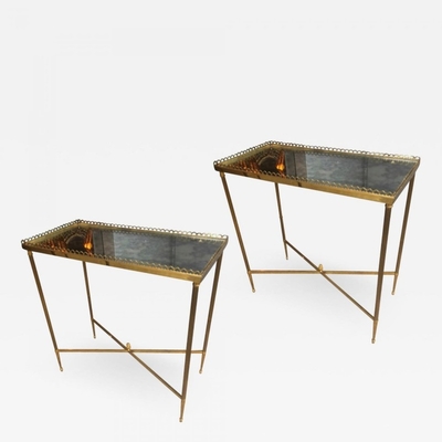 Maison Jansen pair of refined gold bronze 2 tier side tables