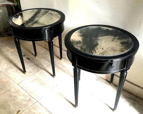 Maison Jansen Signed Pair of Tables with Oxidized Mirror Top