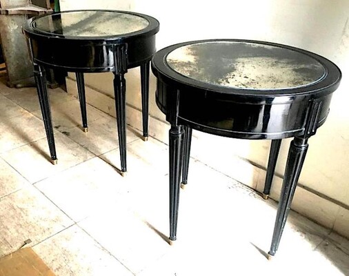 Maison Jansen Signed Pair of Tables with Oxidized Mirror Top