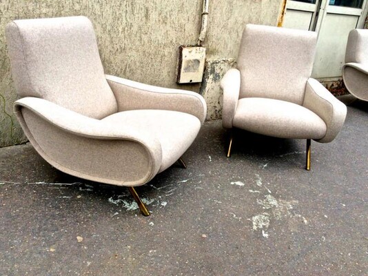 Marco Zanuso Pair of Vintage Lady Chairs in Beige Wool Chine