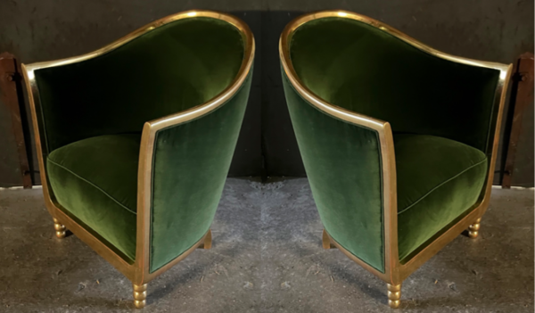 Maurice Dufrene 1925 art deco gold leaf frame pair of chairs
