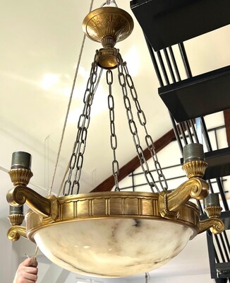 Maurice Dufrene attributed gold bronze & alabaster chandelier