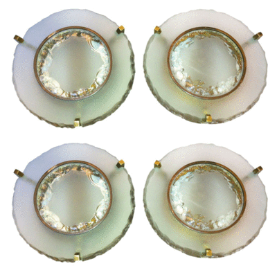Max Ingrand For Saint Gobain set etched glass round sconces.