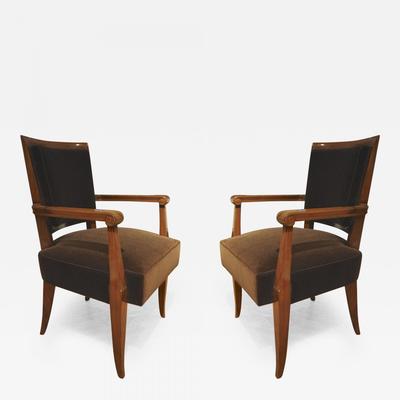 Maxime Old attributed pair refined solid walnut arm chairs