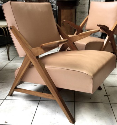 Maxime Old Style pair of slender 50s french lounge chairs