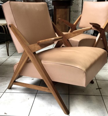 Maxime Old Style pair of slender 50s french lounge chairs