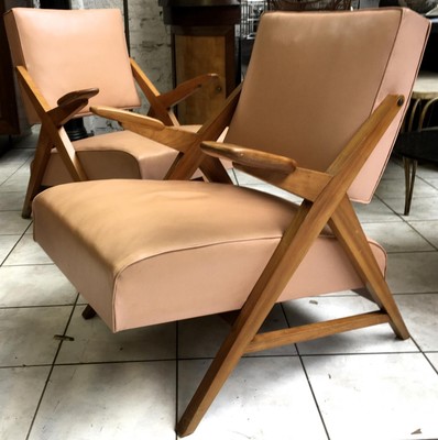 Maxime Old Style pair of slender 50s french lounge chairs