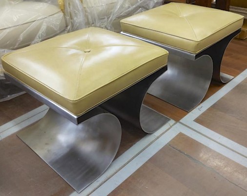 Michel Boyer iconic pair of bruised steel and leather stool