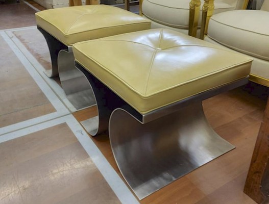 Michel Boyer iconic pair of bruised steel and leather stool