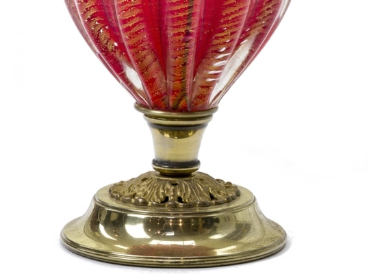 Murano deep ruby and gold flake glass spectacular pair of lamp