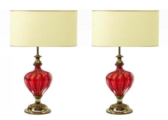 Murano deep ruby and gold flake glass spectacular pair of lamp