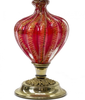 Murano deep ruby and gold flake glass spectacular pair of lamp