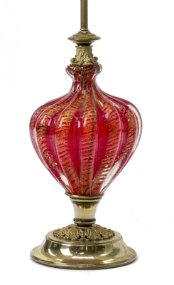 Murano deep ruby and gold flake glass spectacular pair of lamp