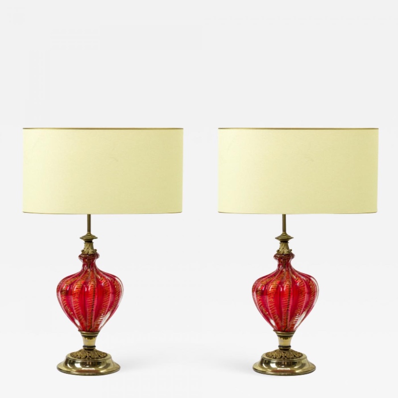 Murano deep ruby and gold flake glass spectacular pair of lamp