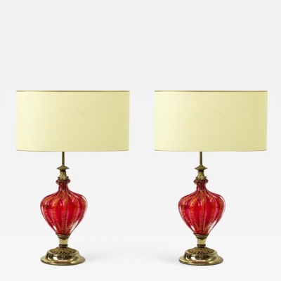 Murano deep ruby and gold flake glass spectacular pair of lamp