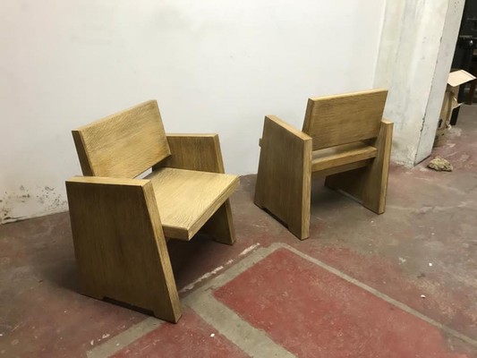 pair of rarest modernist French arm chairs in cerused oak