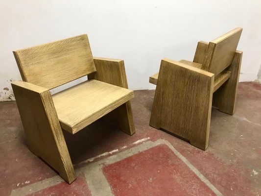 pair of rarest modernist French arm chairs in cerused oak