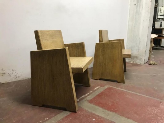 pair of rarest modernist French arm chairs in cerused oak