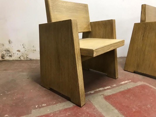 pair of rarest modernist French arm chairs in cerused oak