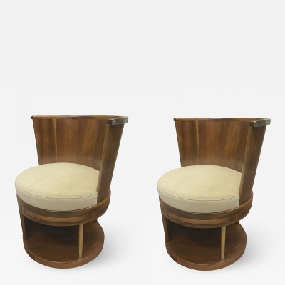 Pair of stunning French modernist barrel & swivel arm chairs