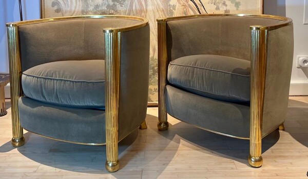 Paul Follot attributed pair of rare gold leaf barrel chairs