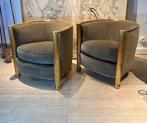 Paul Follot attributed pair of rare gold leaf barrel chairs