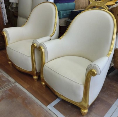 Paul Follot pair of gold leaf carved art deco corbeille chairs